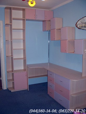Меблі в дитячу кімнату. Комплекс меблів в дитячу ДСП - Груша Пастель Фасади МДФ - Рожева і Бузкова шагрень